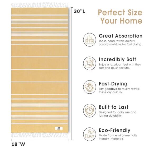 Turkish Cotton Hand Towels for Kitchen Bathroom Set of 6, 30”x 18”Mustard Yellow - Picture 3 of 5
